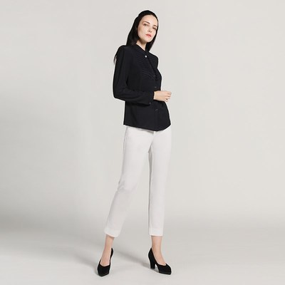 靓诺职业衬衫设计感秋冬藏蓝色压褶立领修身气质高档衬衣LC17312A