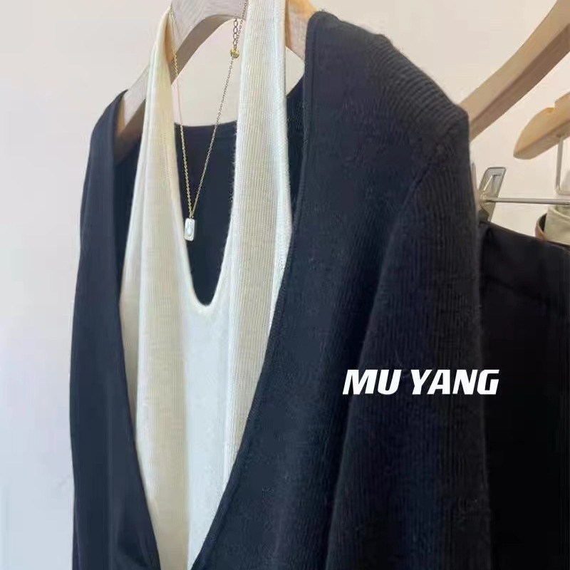 四季青高端广州十三行女装气质挂脖假两件撞色针织衫女小个子上衣