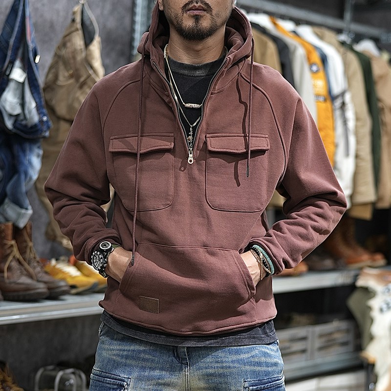 猎装版美式半拉链卫衣男2024年秋季500g重磅纯棉抓绒工装连帽外套