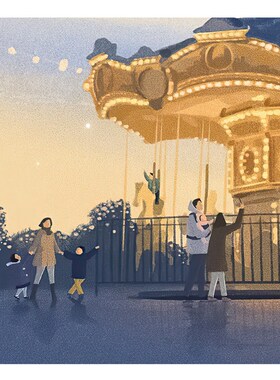 【特惠捡漏】插画师Subin复刻艺术版画治愈亲子旋转木马装饰画芯