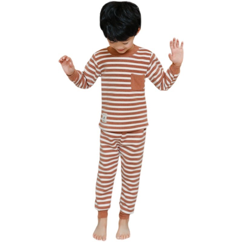 儿童保暖内衣套装加绒冬季宝宝纯棉条纹秋衣加厚男童中领打底男孩