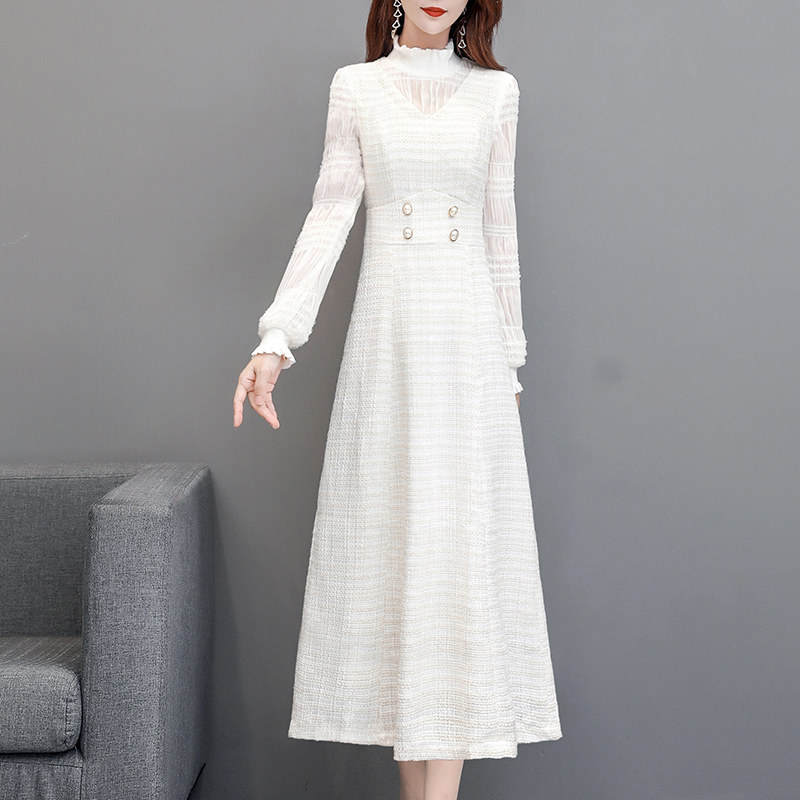 2021年新款白色长袖连衣裙女收腰显瘦名媛年会裙子雪纺长裙女秋冬