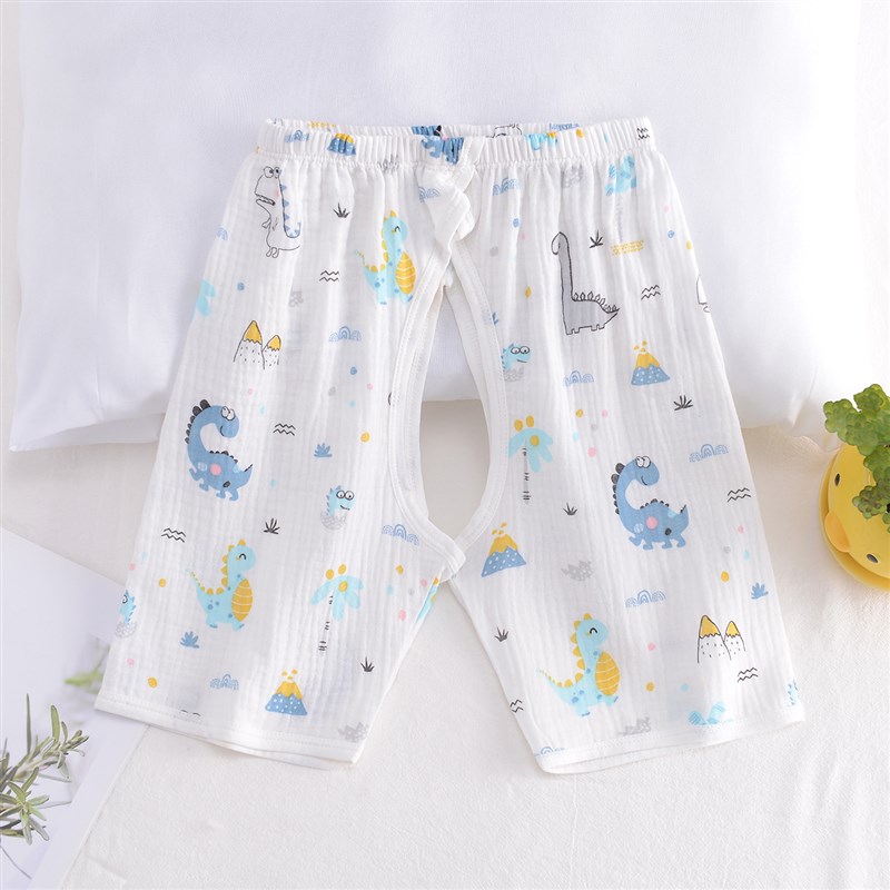 夏季宝宝双层纱布七分交叉开裆裤子男女童纯棉薄柔软家居5分睡裤