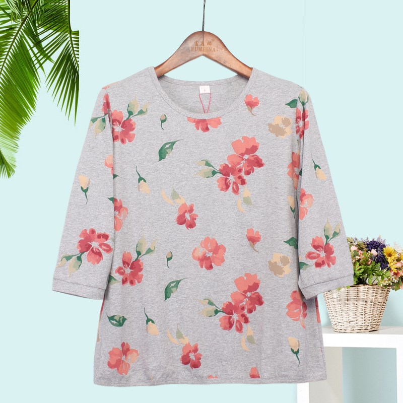 中老年妈妈秋装中袖2024新款宽松纯棉女士七分袖上衣时尚薄款t恤