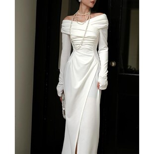 鹿与玫瑰法式复古白色长袖一字肩连衣裙女气质收腰显瘦礼服小白裙