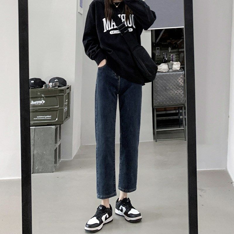 直筒加绒牛仔裤女冬季2022年新款高腰显瘦九分小个子烟管裤子秋冬