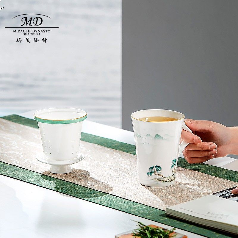 玛戈隆特西湖盛宴三件套滤茶杯骨瓷旅行茶杯 家用便携式 礼盒包装