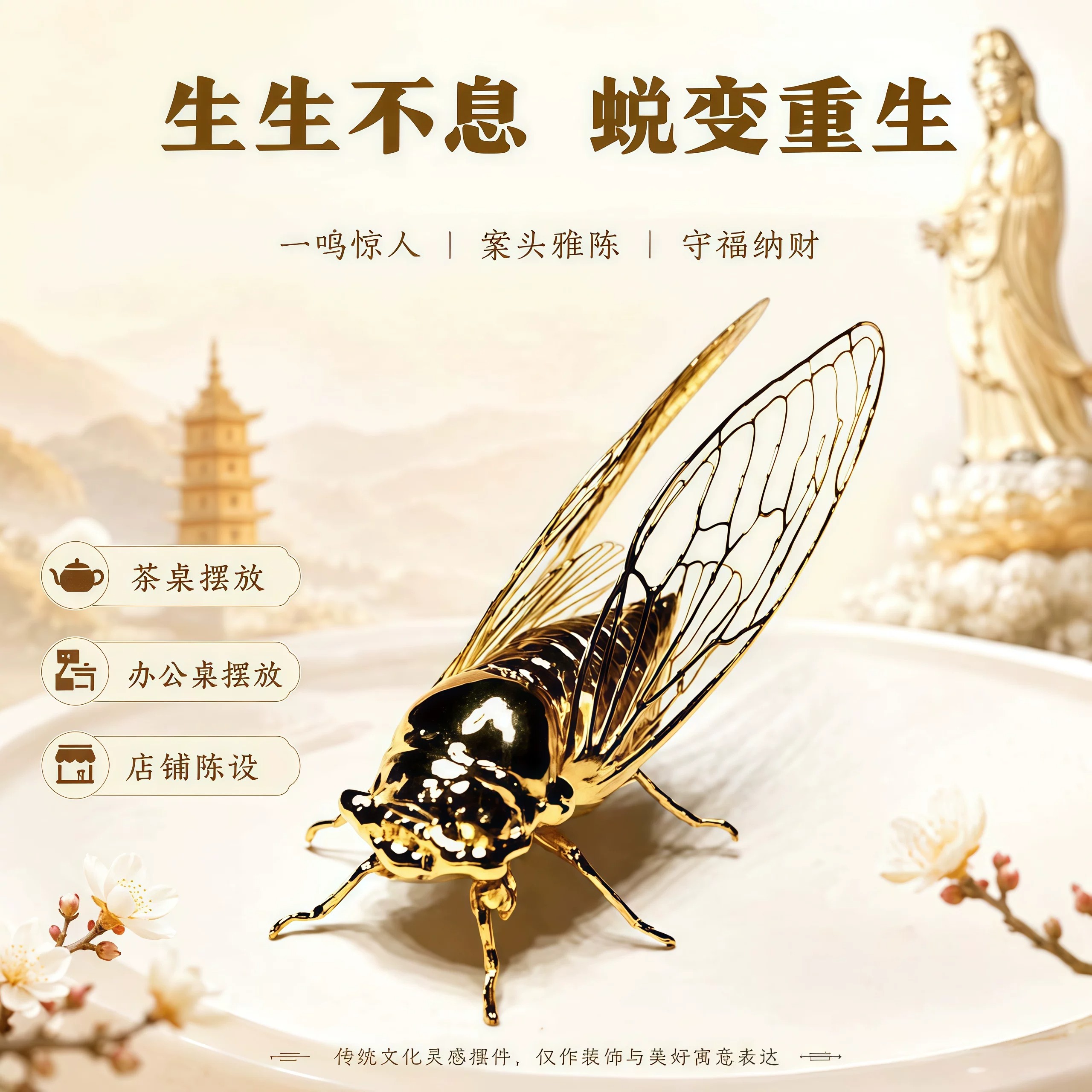 中式鎏金金蝉摆件一鸣惊人招财图片