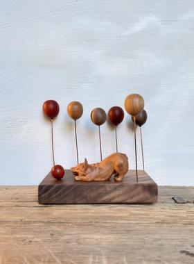 木雕小狗元素气球乐园桌面装饰创意礼品木质原木制车载实木小摆件