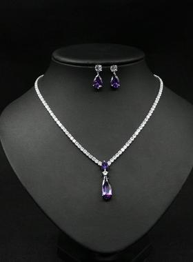 极速项链锆石新娘套装耳环水滴婚纱礼服饰品简约红V色套链结婚首