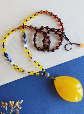 极速天然二代蜜蜡琥珀吊坠毛衣y项链血珀鸡油黄水滴椭圆形无事方