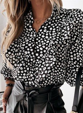 极速Women New Fashion Elegant V Neck Ruffle ODot Print Long