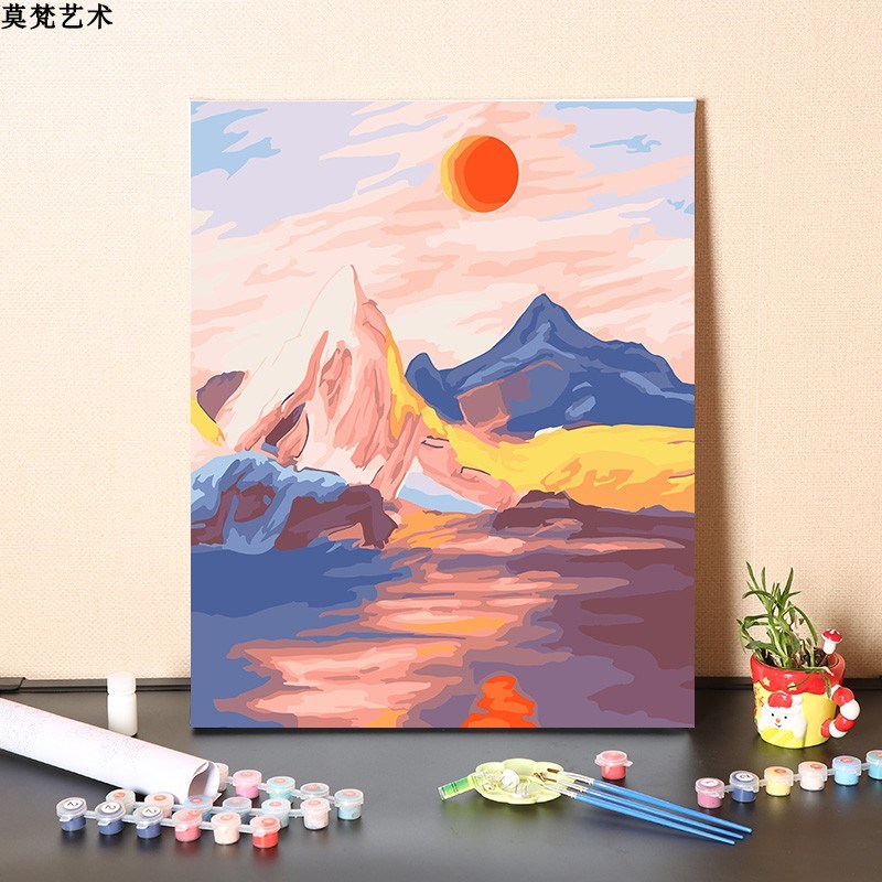 极速数字油画diy填充手工海上冉冉F升起的太阳填色涂色丙烯油彩画