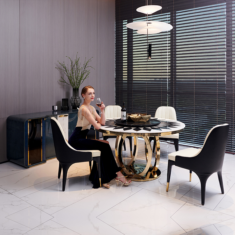 极速后现代不锈钢大理石圆形餐桌椅组合 意N式轻奢简约家用拼花餐