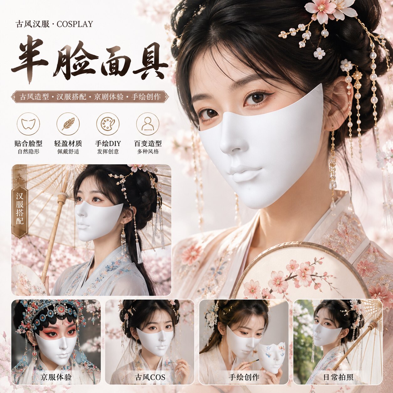 古风汉服半脸白色塑料面具图片