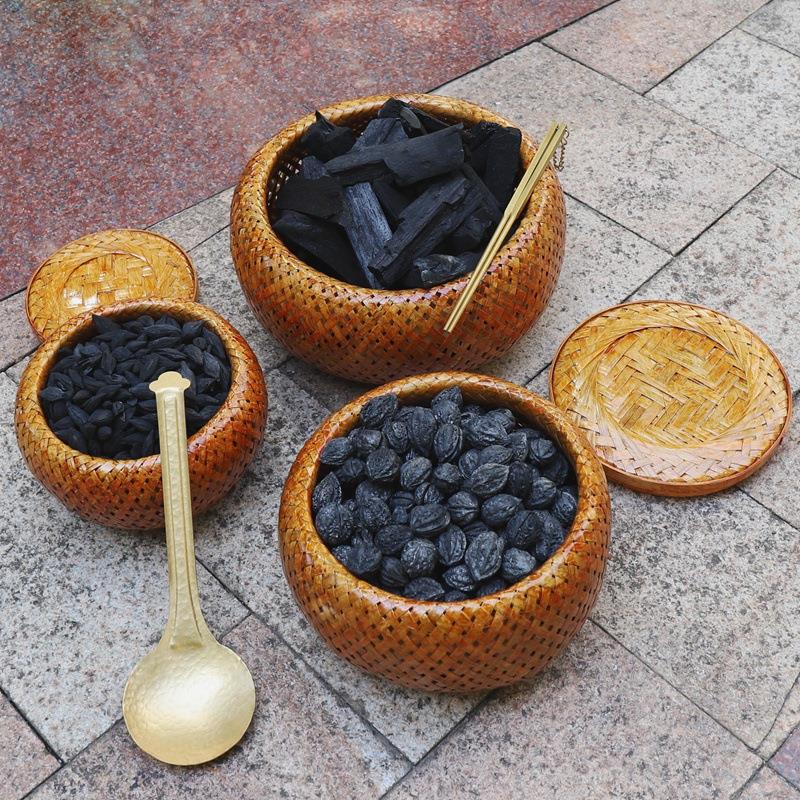 手工竹编核桃炭钵 带盖炭篓复古炭笼碳斗 乌榄橄榄炭煮茶炭炉配件