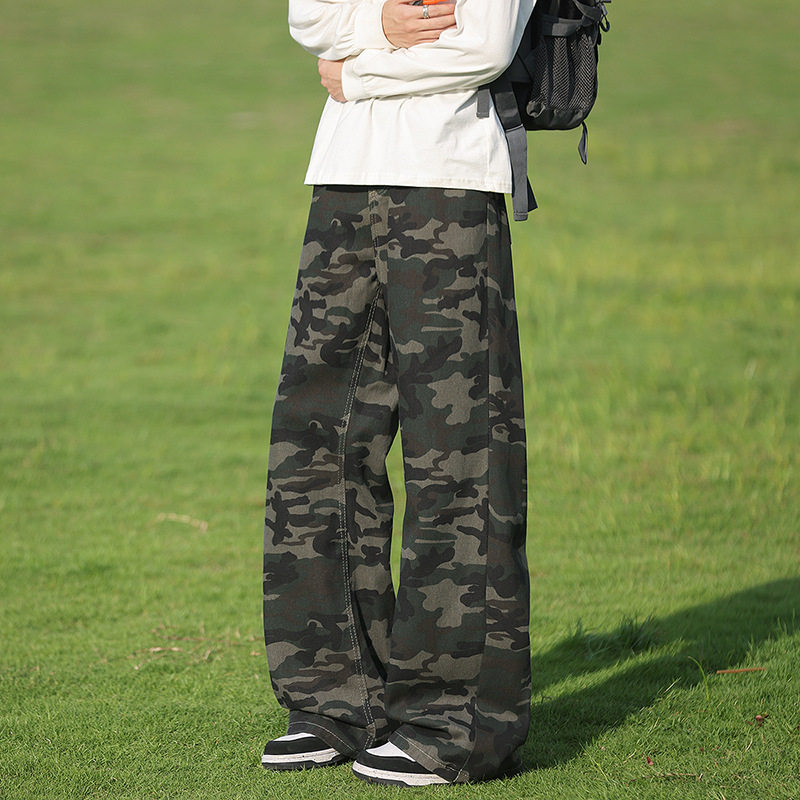 男装#美式复古迷彩印花潮牌休闲裤男女款显高直筒裤子微喇长款