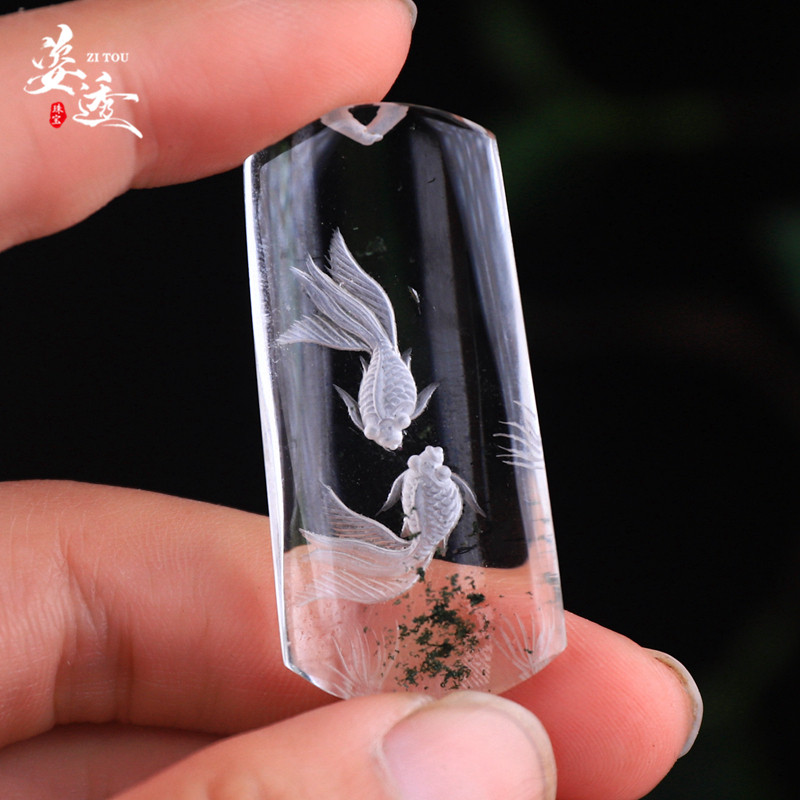 天然巴西水晶彩幽灵绿幽灵悟道吊坠毛衣链阴雕内雕从背面雕刻