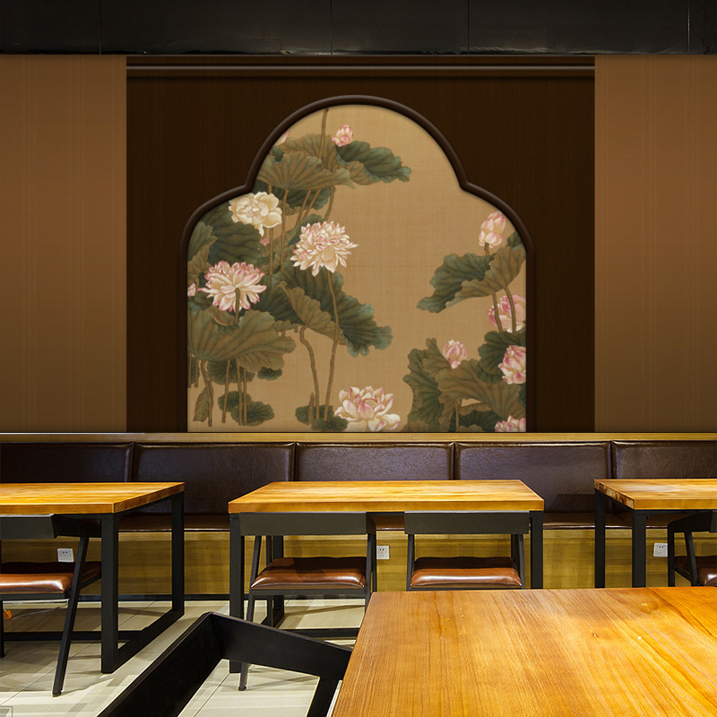 3d立体中式墙纸复古风背景墙饭店餐馆荷花装饰屏风造型壁画布图片
