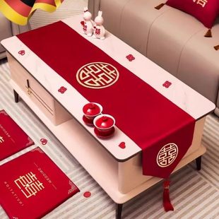 中式 红色茶几桌布装 饰桌旗喜字垫婚房布置刺绣用品结婚餐桌布新款