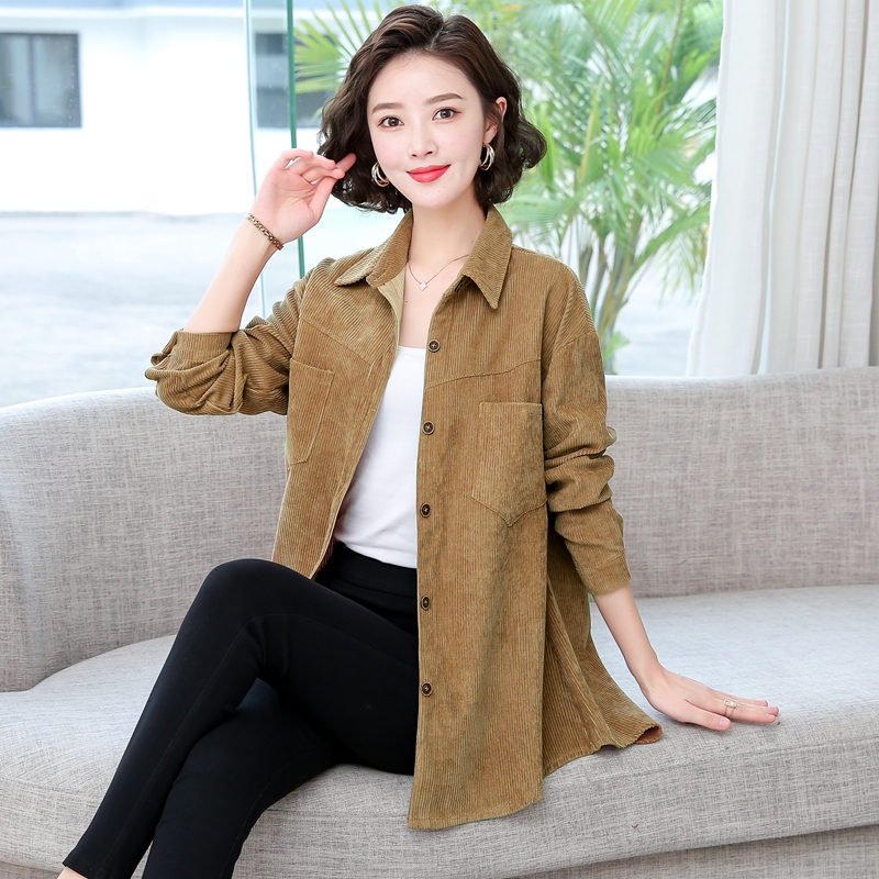 2021秋冬装新款灯芯绒长袖衬衫女中长款百搭上衣大码宽松衬衣外套