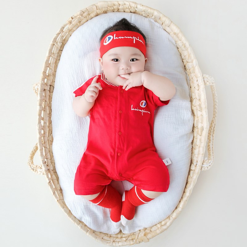 婴儿夏季连体衣新生儿满月百天红色衣服短袖包屁衣男宝宝夏装薄款