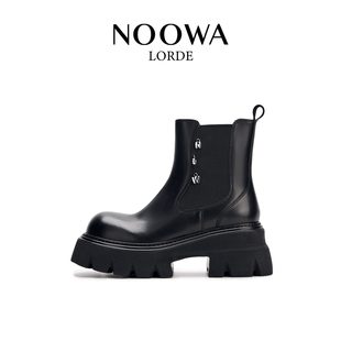 NOOWA粗跟切尔西靴女2025秋冬新款真皮时尚增高舒适百搭字母短靴