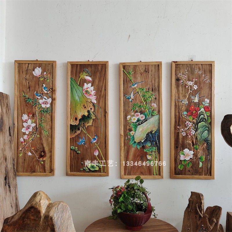 风化木板画手绘老门板实木定制荷花鱼风景图客厅茶室墙面装饰挂件图片