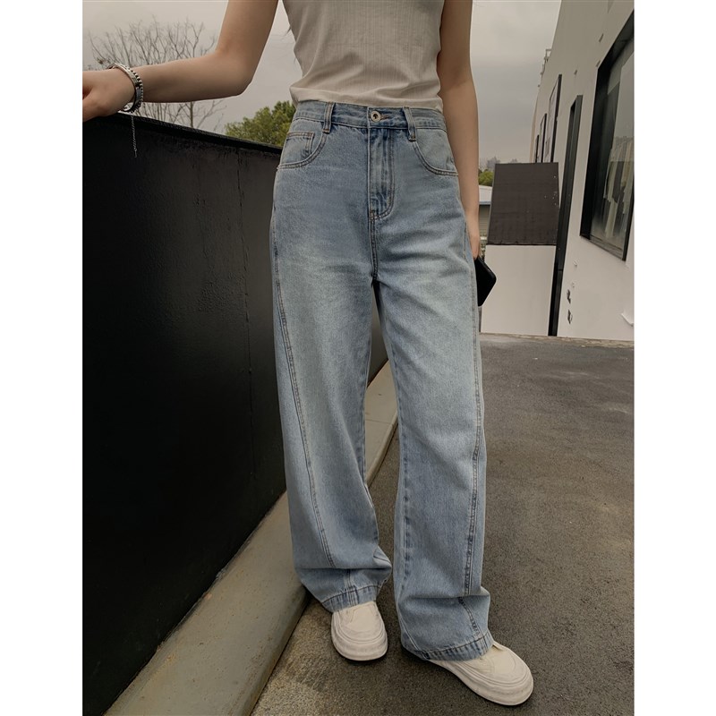 HVIVI解构分割立体廓形直筒牛仔裤女宽松显瘦设计感窄版休闲裤