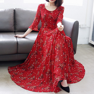 显瘦碎花波西米亚气质流行沙滩裙子 超长款 雪纺连衣裙2023新款 夏季