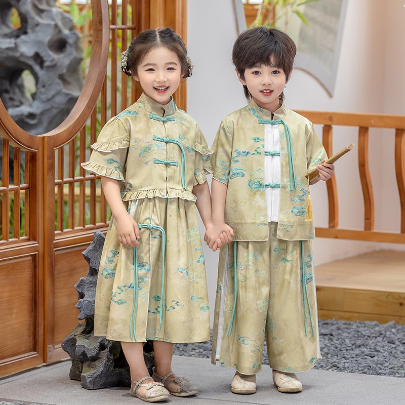 汉服男童夏季中国风女童唐装古风套装儿童夏装日常高端国学演出服图片