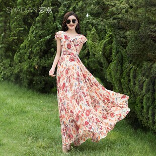 海边度假沙滩裙波西米亚夏天大摆连衣裙长款 裙子雪纺V领收腰长裙