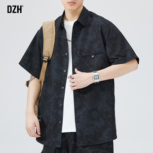 男士港风短袖衬衫男夏季薄款黑色衬衣外搭上衣男款2023新款外套潮