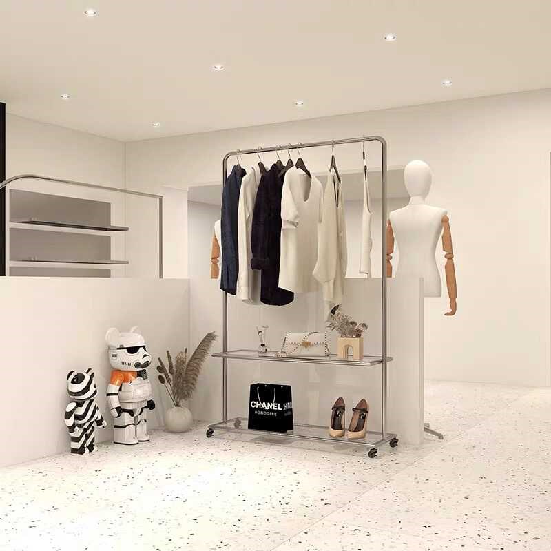 服装店展示架不锈钢落地挂衣架女装店陈列架可移动鞋包带轮橱窗架