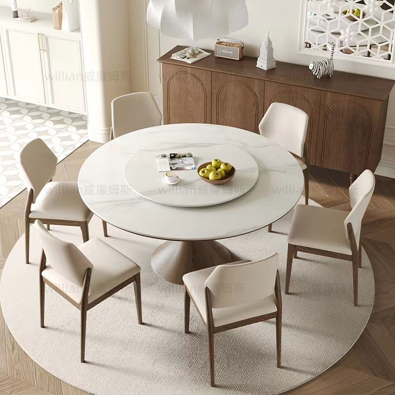 实木岩板餐桌圆桌家用小户型餐厅圆形饭桌带转盘胡桃木餐桌椅组合