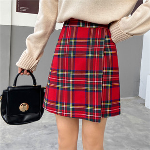 胖mm红色格子半身裙女秋冬季新款高腰大码遮肚子包臀a字短裙裤裙