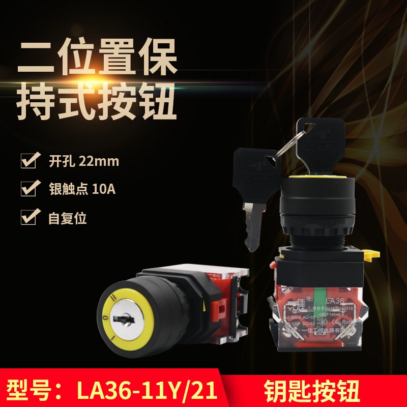 一佳LA36-11Y/21自锁2档带钥匙按钮电源开关 2常开22MM