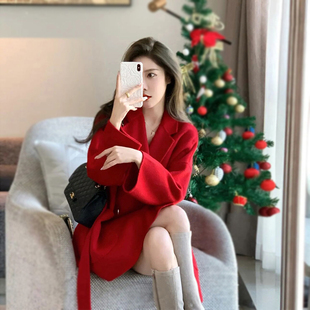 本命年红色毛呢外套女高级感小个子中长版新娘结婚呢子大衣秋冬季