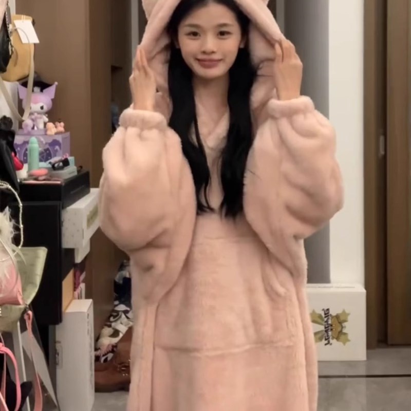 甜美少女可爱连帽珊瑚绒睡衣女冬季加厚加绒家居服睡袍可外穿睡裙