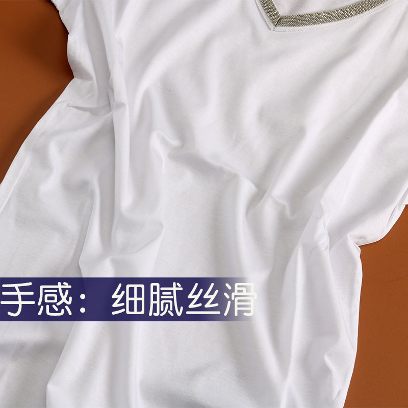 2021新款80支双面丝光棉V领短袖T恤女宽松大码精梳棉打底衫钉珠70