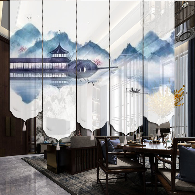 禅意隔断高档拉客厅厨房屏风隔断新卷帘中式软屏风挂式珠帘玄关