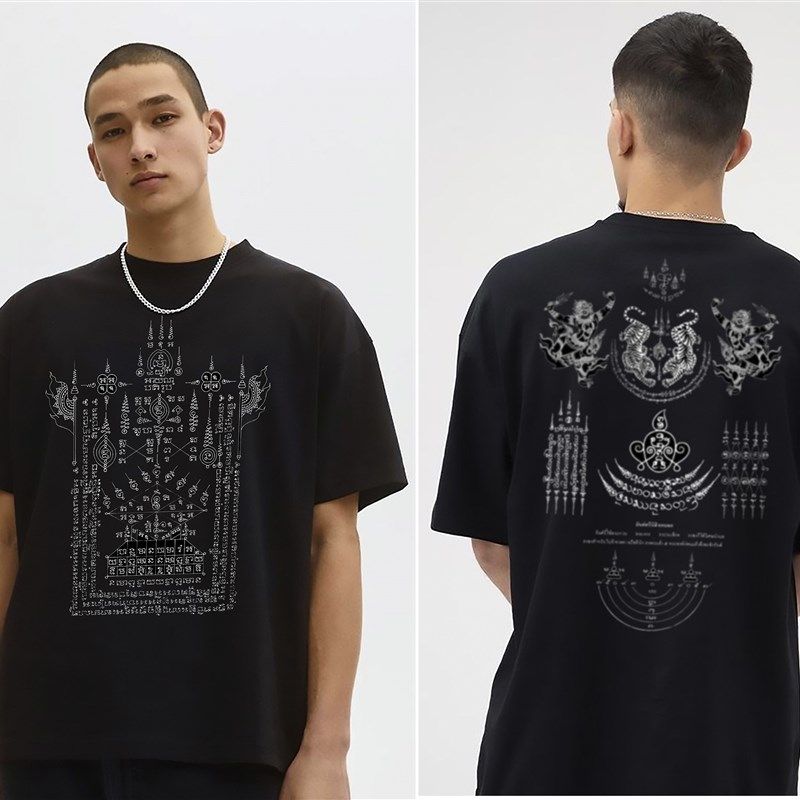 美式重磅刺符佛牌泰国经文纹身衣服港风纯棉圆领短袖宽松t恤定制