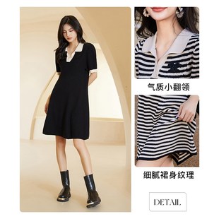 vilan/慧兰连衣裙女中长款2024春秋新款黑色显瘦百搭气质翻领裙子