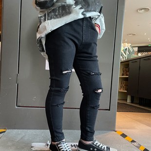 童装男童牛仔黑色破洞小脚修身裤子简约宝宝铅笔裤2023春儿童长裤