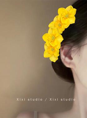 夏日阳光！黄色双生花发夹！海边度假风彷真花鸭嘴夹子新品盘发器