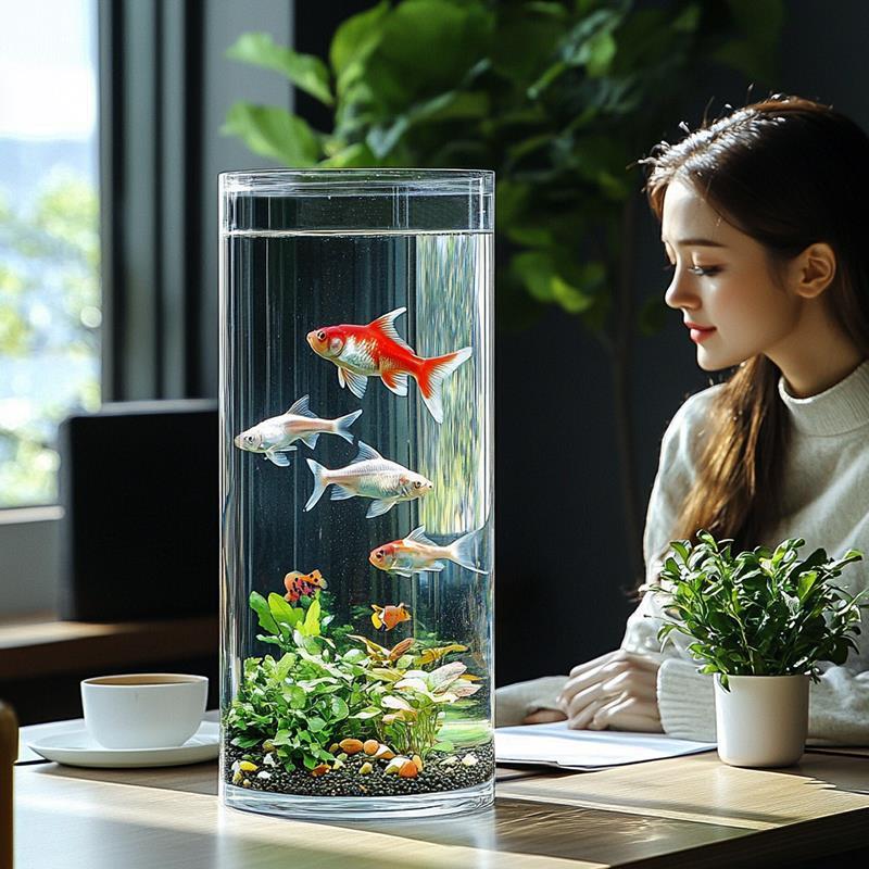 天猫正品玻璃鱼缸圆形超白亚克力透明仿金圆柱形客厅小型摔防桌面