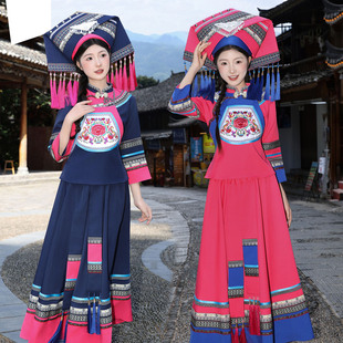 广西壮族服装女成人三月三少数民族服饰壮锦盛装舞蹈演出服长摆裙