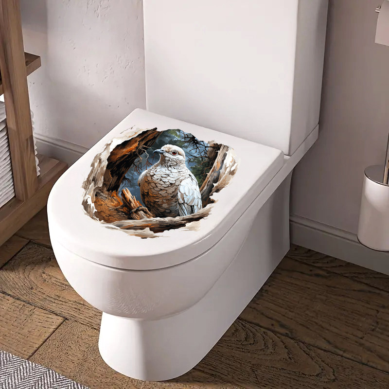 3D立体感马桶贴纸破洞效果仿真鸟类图案卫生间装饰贴PVC水箱水盖