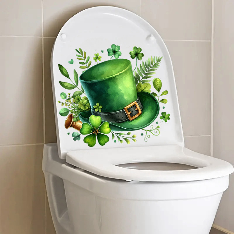 创意绿色帽子和四叶草浴室马桶盖水箱装饰贴纸自粘贴画卫生间墙面