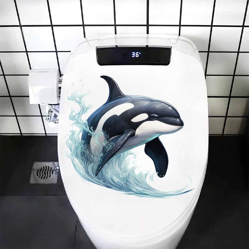 卡通可爱海洋动物虎鲸贴纸自粘墙贴卫生间浴室马桶盖冰箱贴画装饰图片